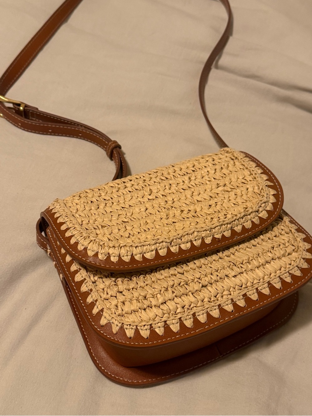 MNG - Mango Woven Straw Crossbody Bag with Brown Leather Details - Picture 12 of 14
